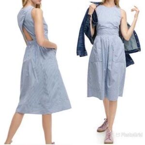 J Crew Cotton Poplin Apron Dress Blue White Stripe Cut Out Back Sleeveless Sz 4